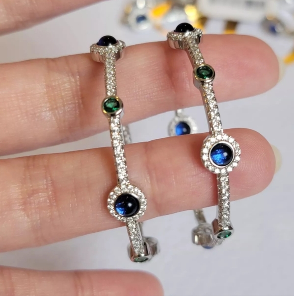 Blue/ Green Gemstone Hoop Earrings, Tennis Bracelet  Ring Matching set S. Silver - Picture 6 of 15